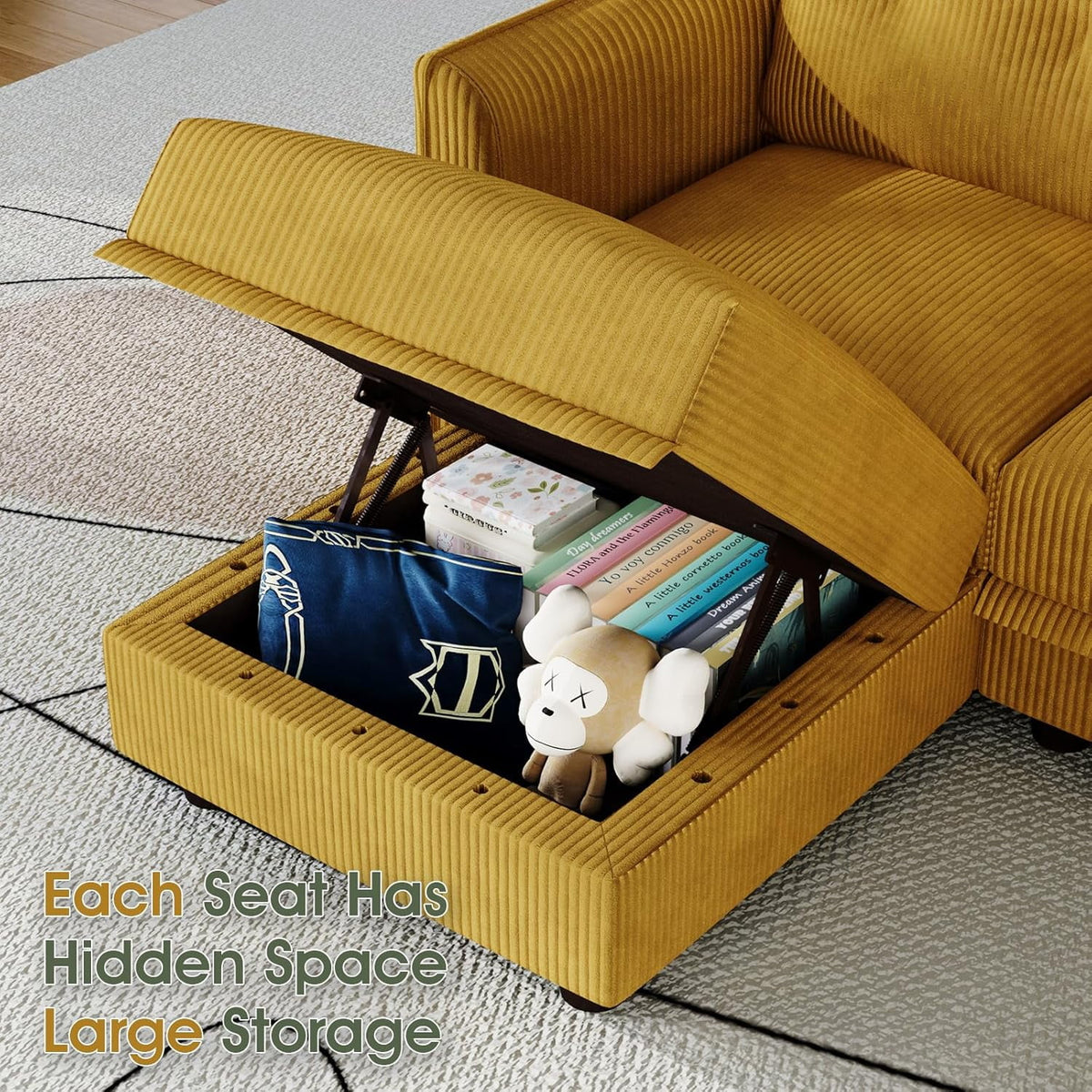  Modular Sectional Sofa, Modular Sectional Couch with Storage, 6 Seat Corduroy Oversized Sofa with 6 Back Cushion 6 Throw Pillow Yellow