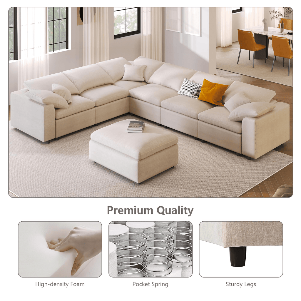 GNIXUU 7-Seater Oversized Modular Sectional Sofa Couch,Chenille Cloud Corner Sofa Modern U-Shaped Comfy Couches with Ottoman for Living Room, Office,Spacious Space,Beige