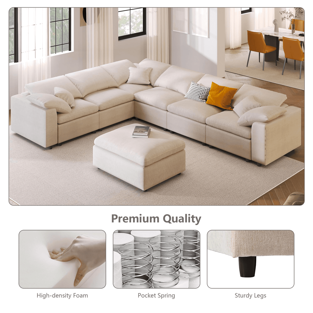 GNIXUU 7-Seater Oversized Modular Sectional Sofa Couch,Chenille Cloud Corner Sofa Modern U-Shaped Comfy Couches with Ottoman for Living Room, Office,Spacious Space,Beige