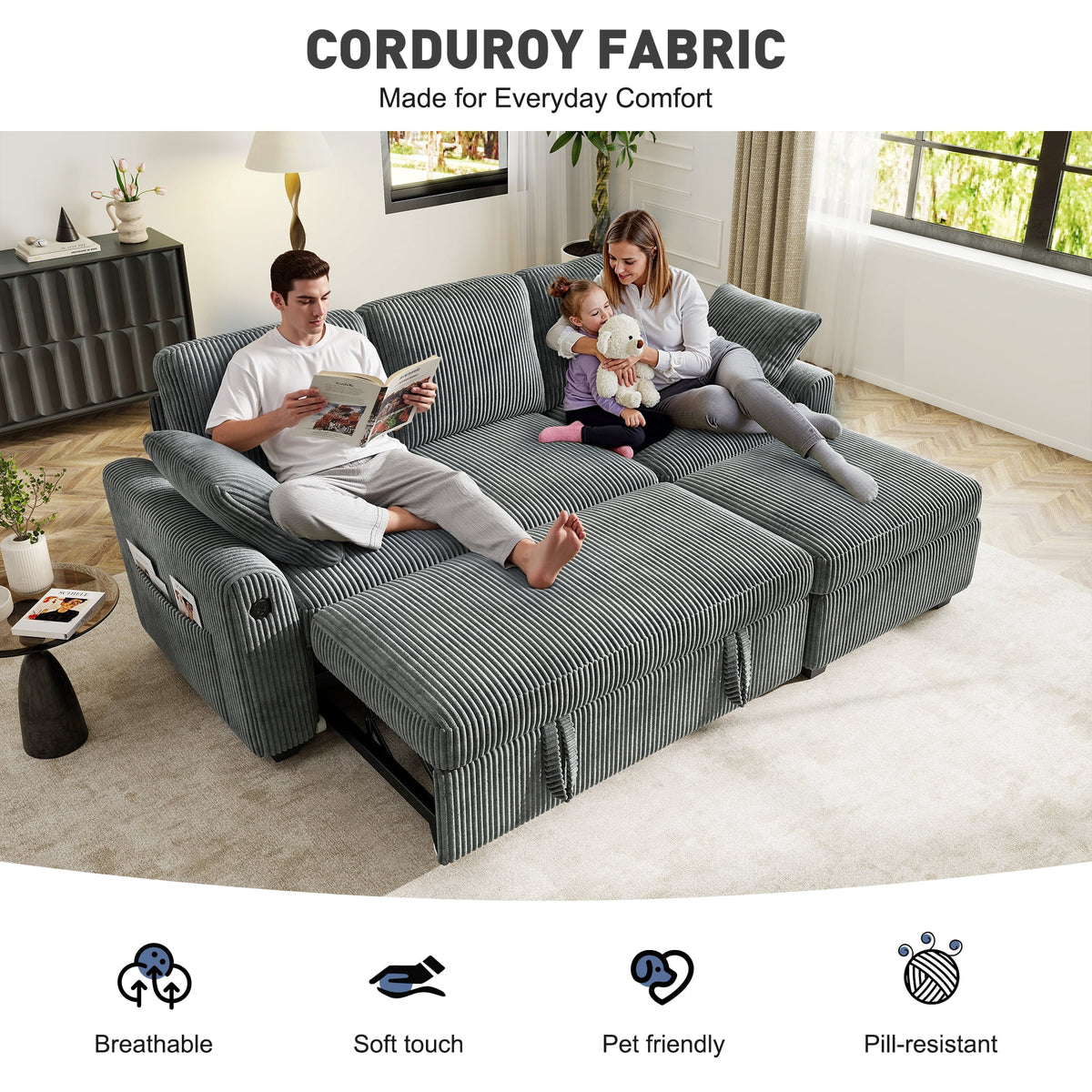  81" Sectional Sleeper Sofa With Pull Out Bed, Storage Ottoman & USB Charging, L Shape Modern Couch for Living Room, Corduroy Gray