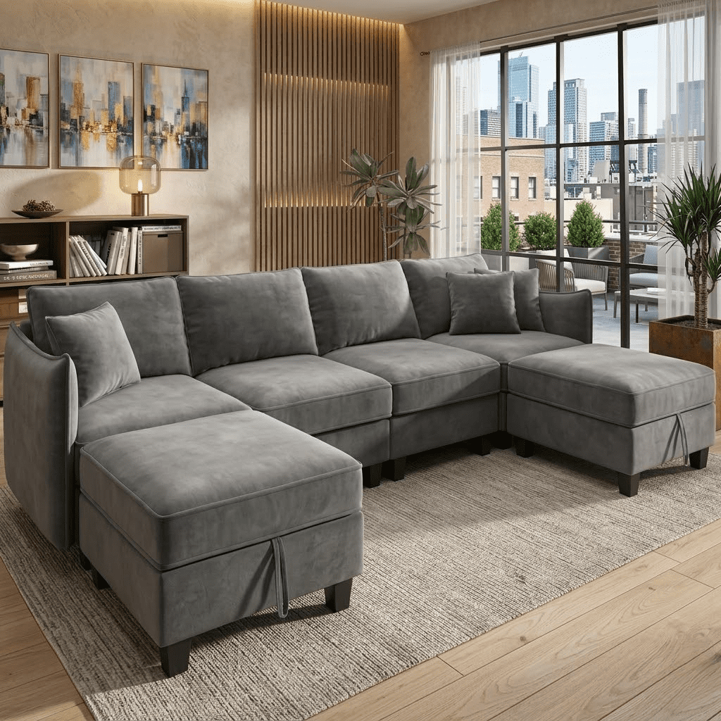  Cloud Couch Modular Sectional Sofa 6 Seat 120" U Shaped Convertible Couch Polyester Thick Cushion with 2 Storage Ottomans and Toss Pillows Washable Removable Cover for Living Room,Dark Grey