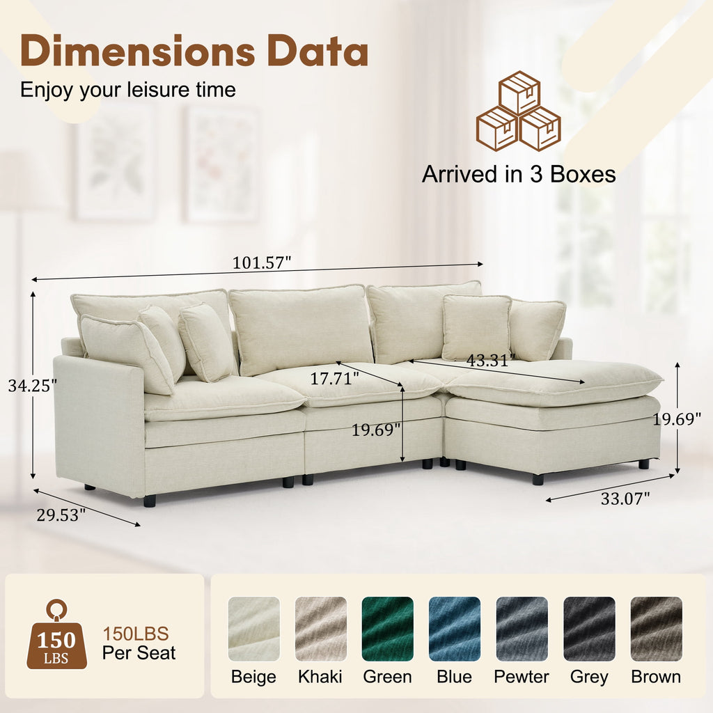 Korser Modular Sectional Cloud Couch with Movable Ottoman,3-Seat Modern Sofa with Pillows,Deep Seat L-Shaped Couch for Living Room,Bedroom,Assembly Required,Beige