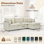 Korser Modular Sectional Cloud Couch with Movable Ottoman,3-Seat Modern Sofa with Pillows,Deep Seat L-Shaped Couch for Living Room,Bedroom,Assembly Required,Beige