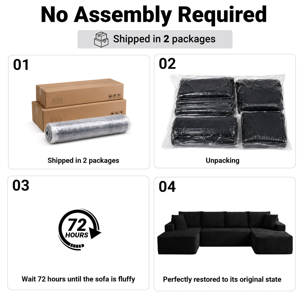  125 Inch Modular Cloud Couch Sectional Sofa for Living Room, Modern Corduroy Boneless Couch, Upholstered Deep Seat U Shape Sofas Couches, No Assembly Required, Black