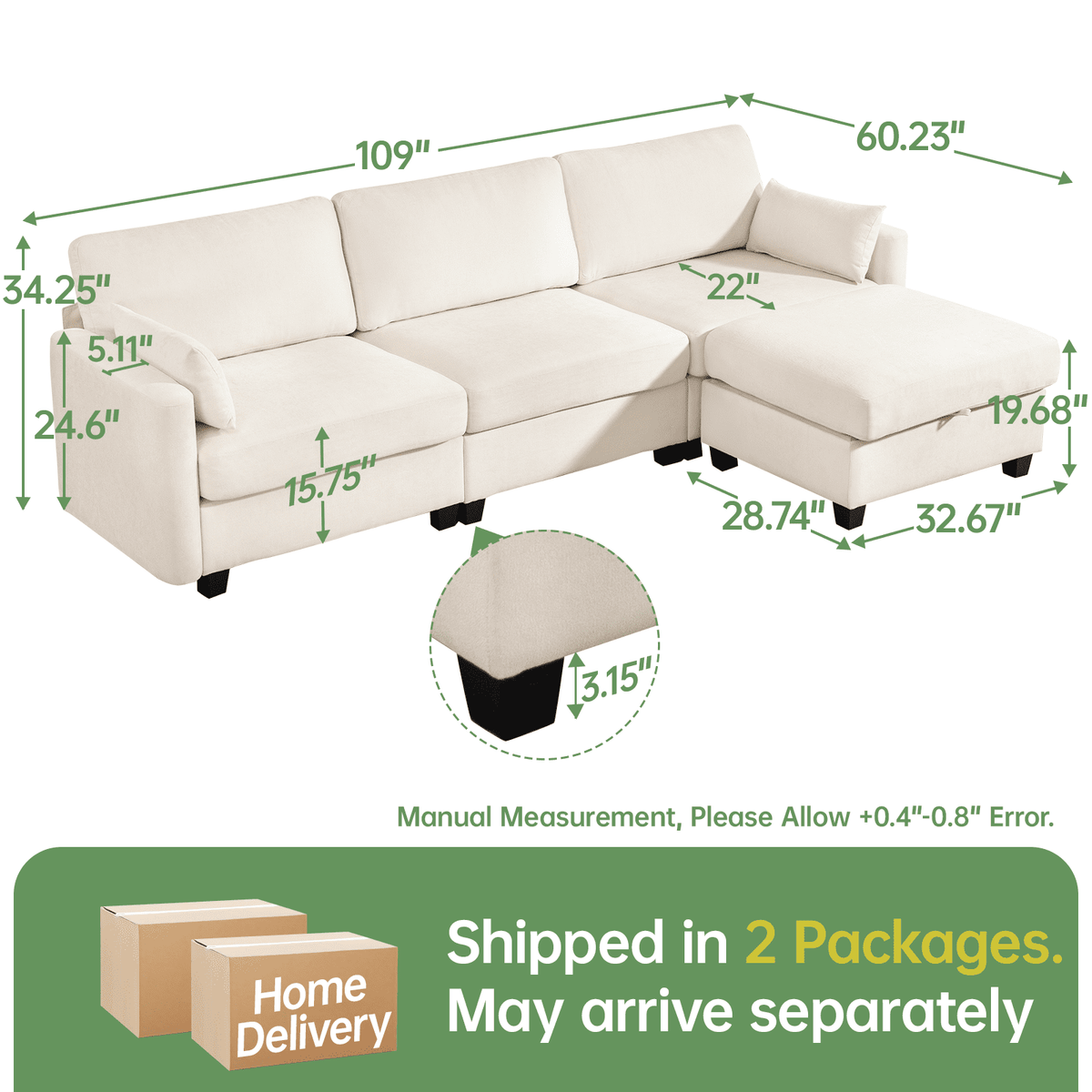 109" Modular L-Shaped Sectional Sofa, Convertible 4-Seat Sleeper Couch with Storage Ottoman, Movable Ottomans, Oversized Deep Seat for Living Room Apartment