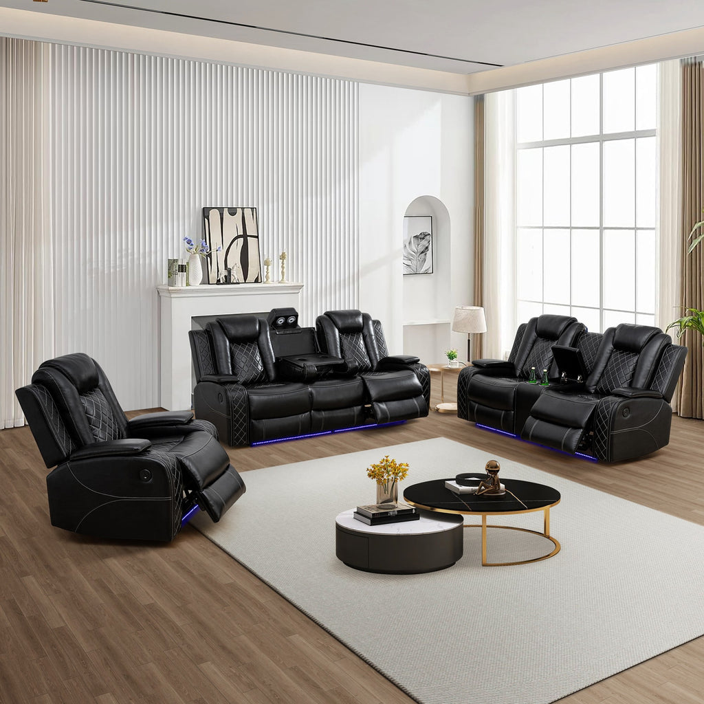  Black 3-Piece Multifunctional Smart Sofa with Console & Cup Holders, Solid Wood Frame, Double-Layer Springs and Air Leather
