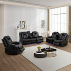  Black 3-Piece Multifunctional Smart Sofa with Console & Cup Holders, Solid Wood Frame, Double-Layer Springs and Air Leather