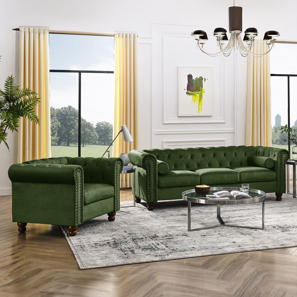 AmoDwell Tufted Velvet Sofa Couch for Living Room, Plush Rolled Arm 3-Seater Sofa Couch with Nailhead Trim and 2 Neck Roll Pillows, Small Apartment Chesterfield Sofa
