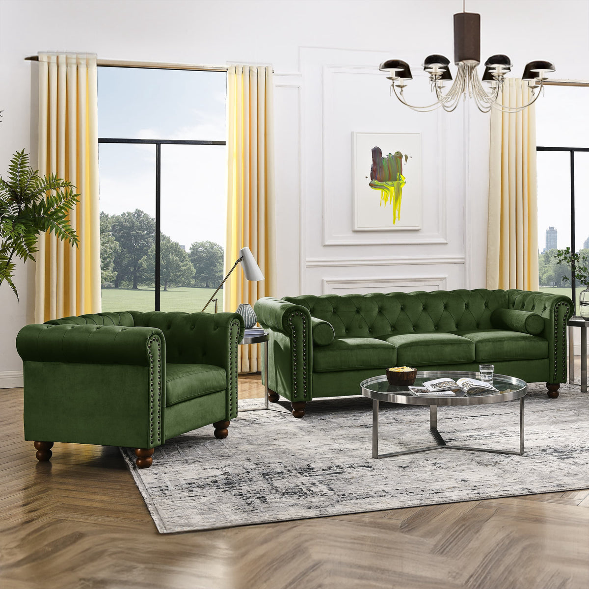 AmoDwell Tufted Velvet Sofa Couch for Living Room, Plush Rolled Arm 3-Seater Sofa Couch with Nailhead Trim and 2 Neck Roll Pillows, Small Apartment Chesterfield Sofa