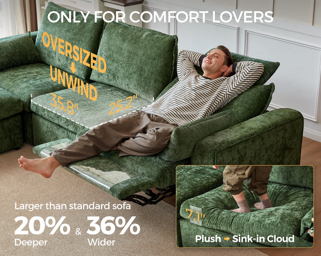 BEDEEP 133.9'' Power Recliner Sofa with Headrest Console, Modular Cloud Sectional Chenille Reclining Couch with Storage Ottoman Chaise, Convertible 6-Seater Sofa Couch for Living Room RV, Green
