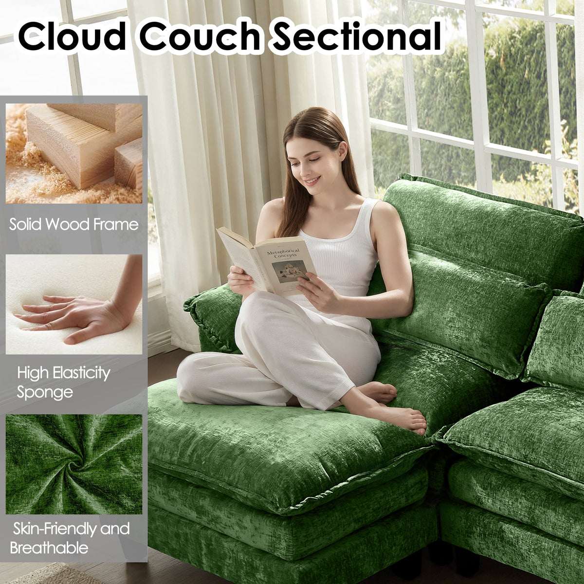 AISWORD 157" U Shaped Cloud Couch Sectional, Oversized Modular Sofa with USB Charging, Hidden Storage, Cup Holders & Double Chaise for Living Room, Green