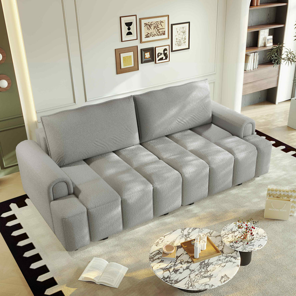 FFH 90.2" Pull Out Sofa Bed with Storage, 3-in-1 Convertible Sleeper Sofa King Size, Modern 4-Seater Teddy Couch for Living Room, Gray