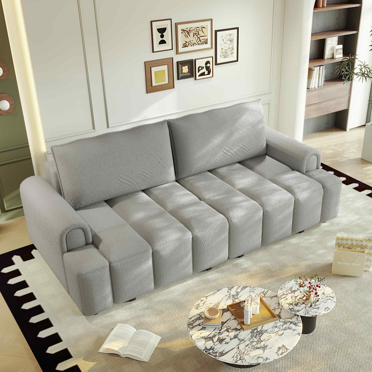 FFH 90.2" Pull Out Sofa Bed with Storage, 3-in-1 Convertible Sleeper Sofa King Size, Modern 4-Seater Teddy Couch for Living Room, Gray