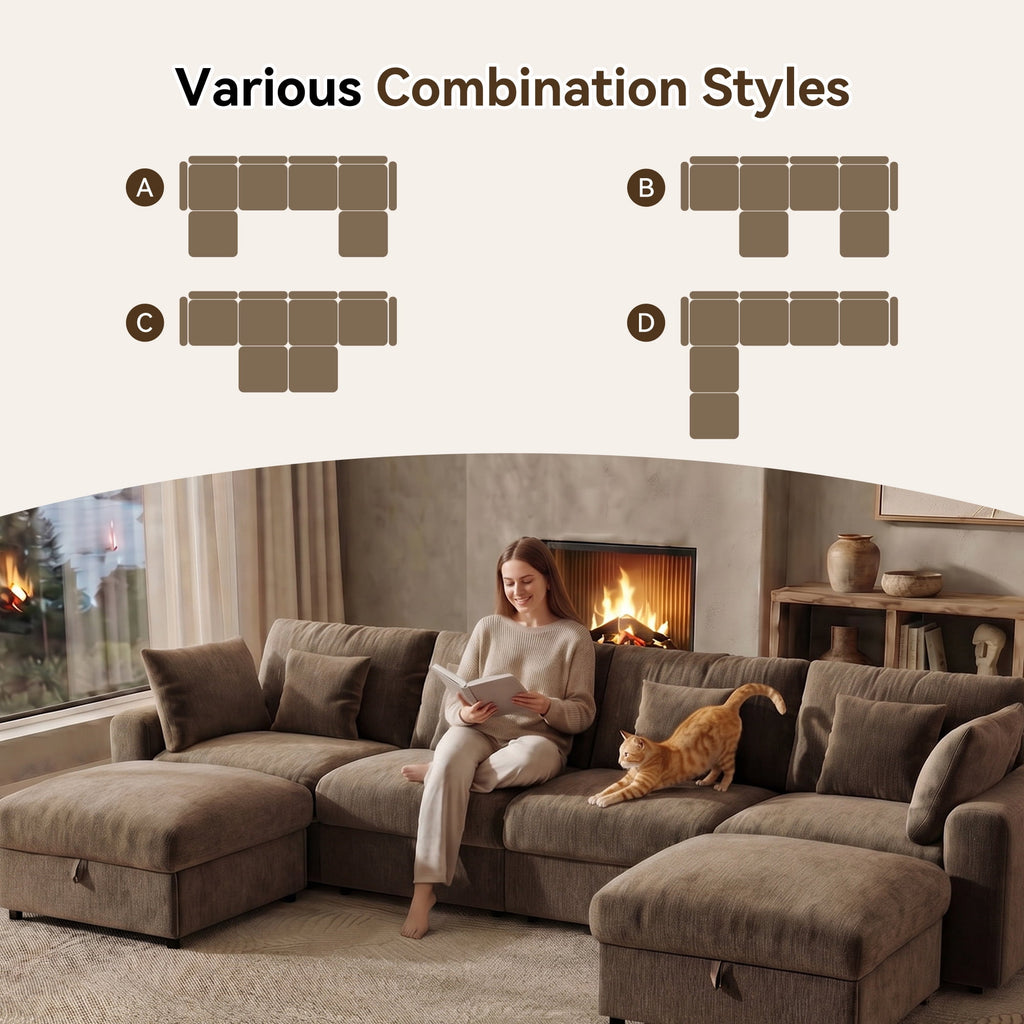  140" Large Modular Sectional Sofa with 2 Removable Storage Ottomans, Extra Deep Seat Cloud Couch for Living Room, Chenille Brown