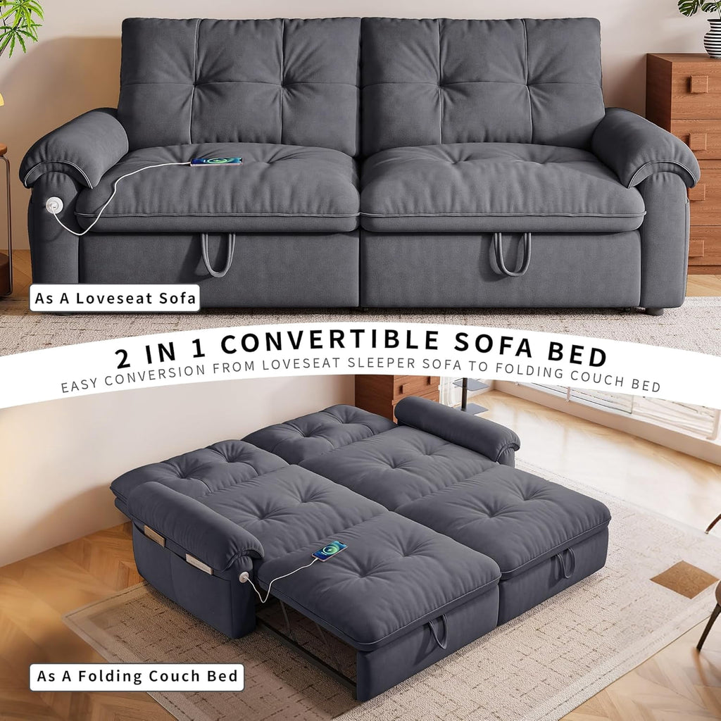 3-in-1 Convertible Sofa Bed, 77" Queen Size Loveseat Sleeper with Pull Out Bed,USB and Side Storage Pockets,Modern 2 Seater Small Couch for Apartment Living Room, Velvet Fabric,RV-Friendly,Dark Gray