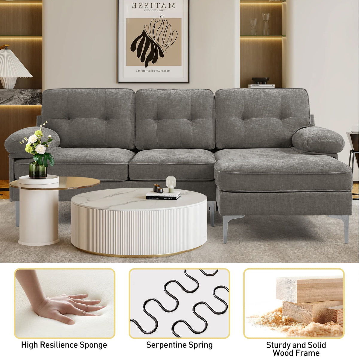 INGALIK Convertible Sectional Sofa Couch, L-Shaped Couch with Reversible Chaise Lounge, Chenille Fabric Modern Sofa for Living Room, Apartment, Office, 3 Seats, Gray