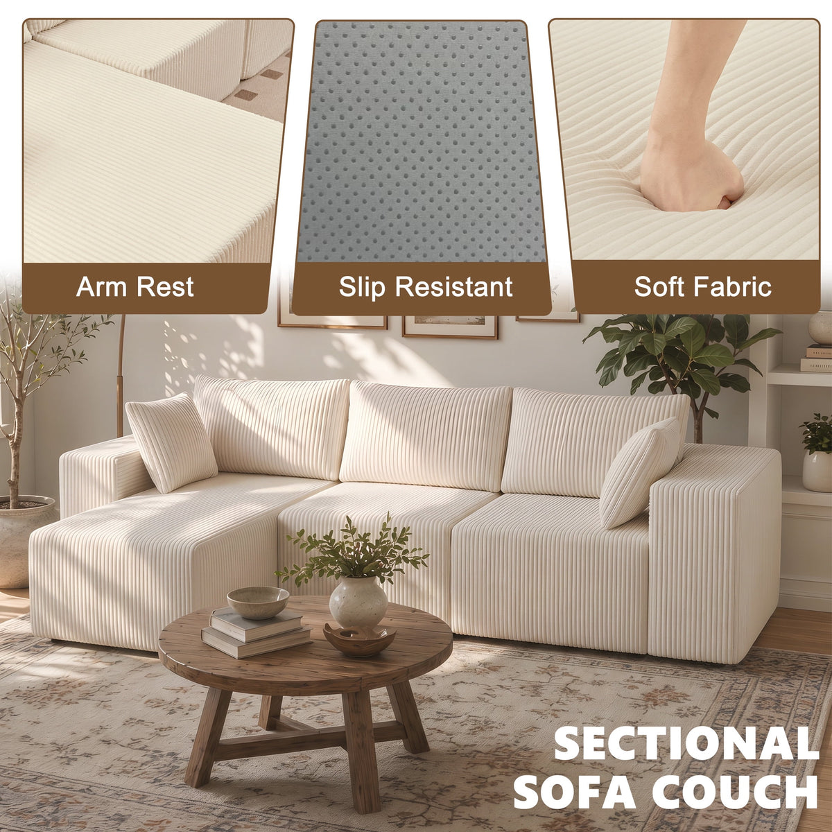  108" Convertible Sectional Couches Comfy Fluffy 4 Seat Memory Foam Sectional Sofa Upholstered Couches for Living Room Bedroom,No Assembly Required,(Left Facing Chaise) Beige