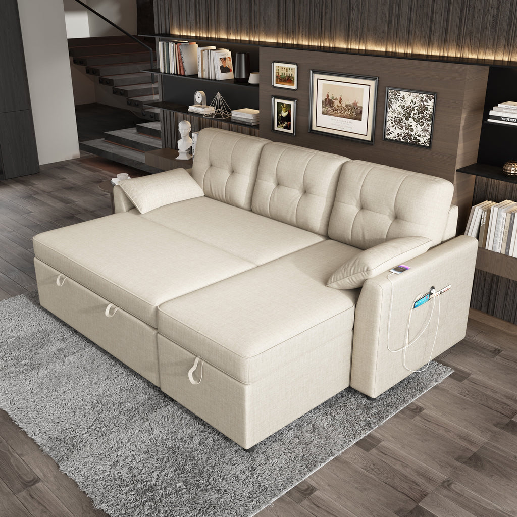 VANACC Sectional Sofa Bed with Storage and Soft Seat ,Reversible Pull Out Couch for Living Room,Beige