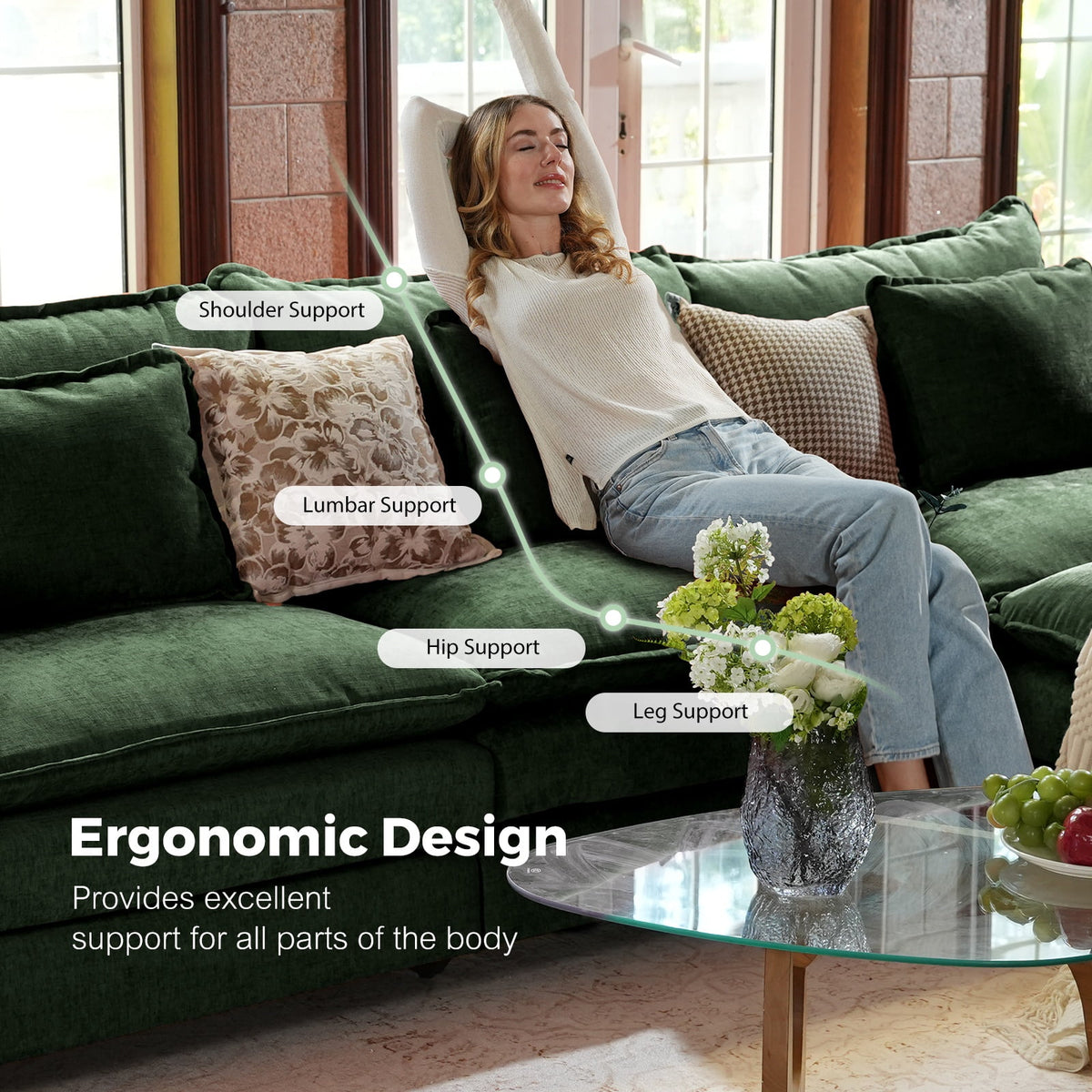CDCASA 113" Modular Sectional Sofa with Movable Ottoman, 4-Seat Large L Shaped Couch with Deep Seat, Comfy Chenille Sectionals for Living Room, Green