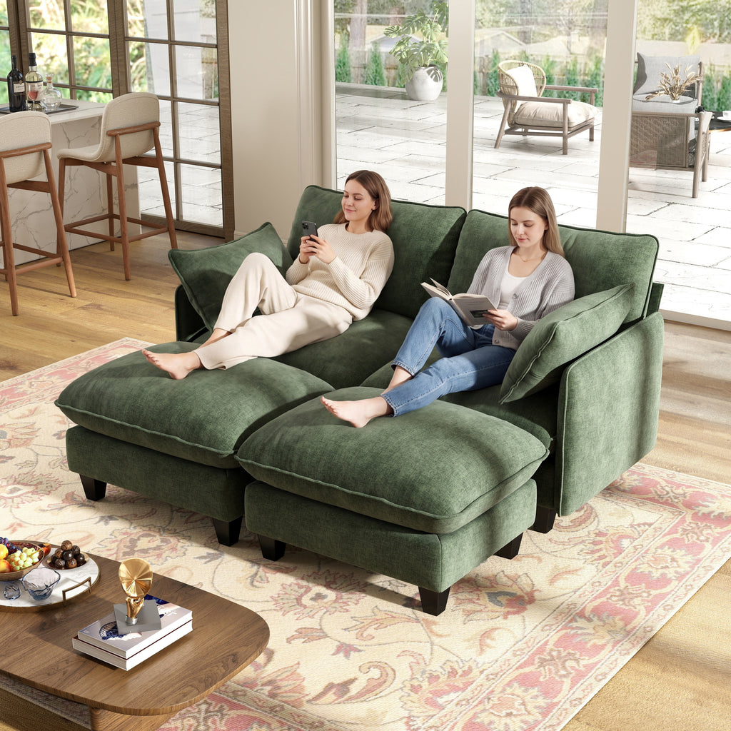  71'' Loveseat Sofa with Movable Ottoman, Cozy Deep Seat Cloud Couch for Living Room,Apartment,Office, 2-Seat,Green