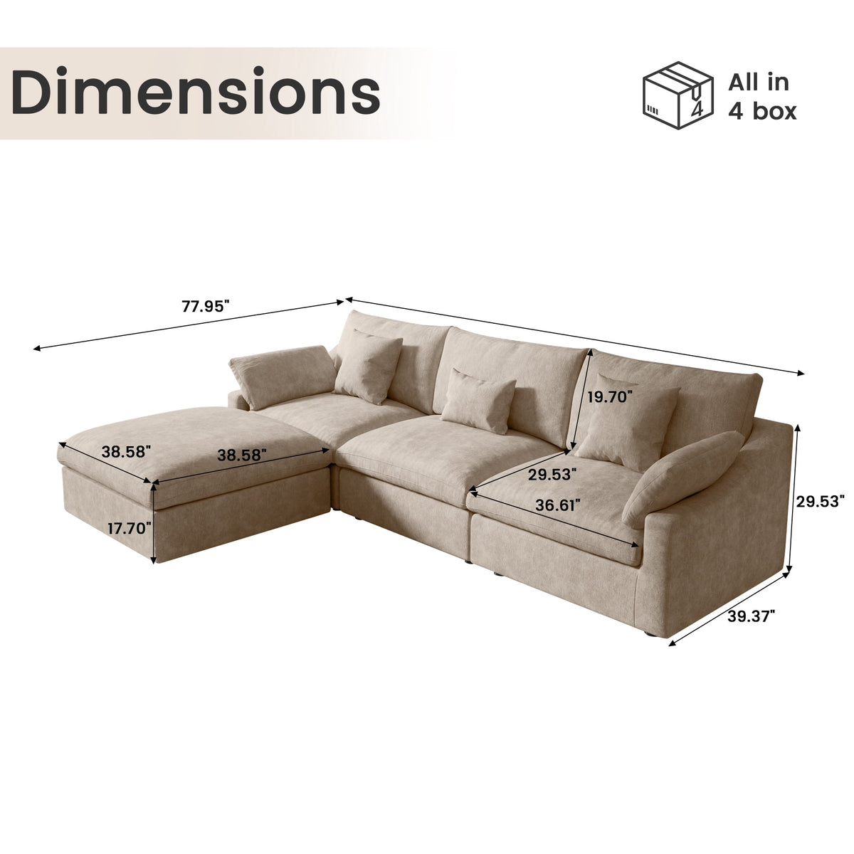 Sdorens 120" Modular Sectional Sofa,Comfy Cloud Couch with Movable Ottoman Deep Seat Chenille L Shaped Modular Sofa,Sectional Couches for Living Room,Bedroom and Apartment,Khaki