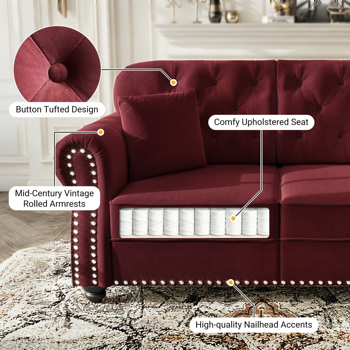  Modular Sectional Sofa, 4 Seat Velvet Sofa Couch Convertible Sofa Bed for Living Room Red