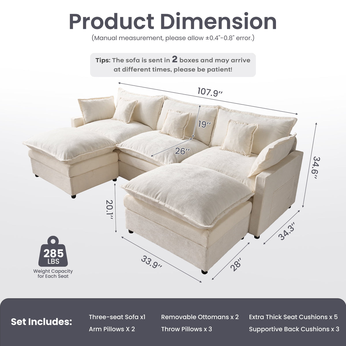 XIZZI 107.9" Modular Sectional Sofa with Double Ottomans, Deep Seat Cloud Couch with Chenille Fabric, Dual Thick Cushions and Solid Wood Frame for Living Room-Beige