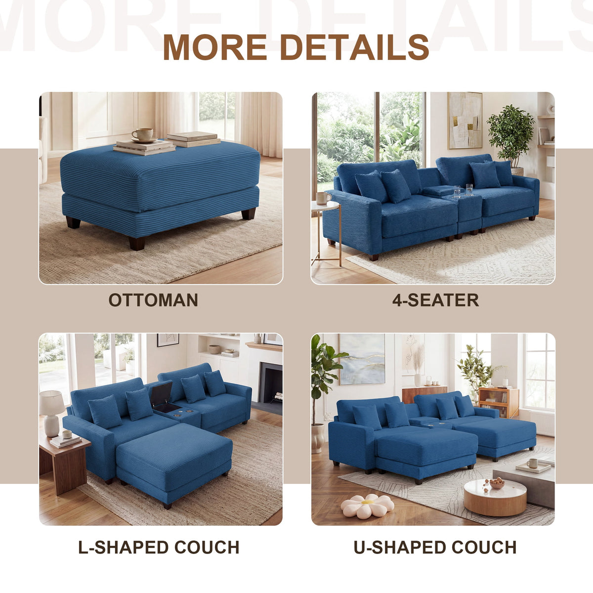 RIAFUN 111.8" U-Shaped Modular Sectional Sofa with 2 Ottomans, 4-Seat Oversized Corduroy Couch with Storage Box, USB/Type-C Port & 2 Cup Holders for Living Room, Navy