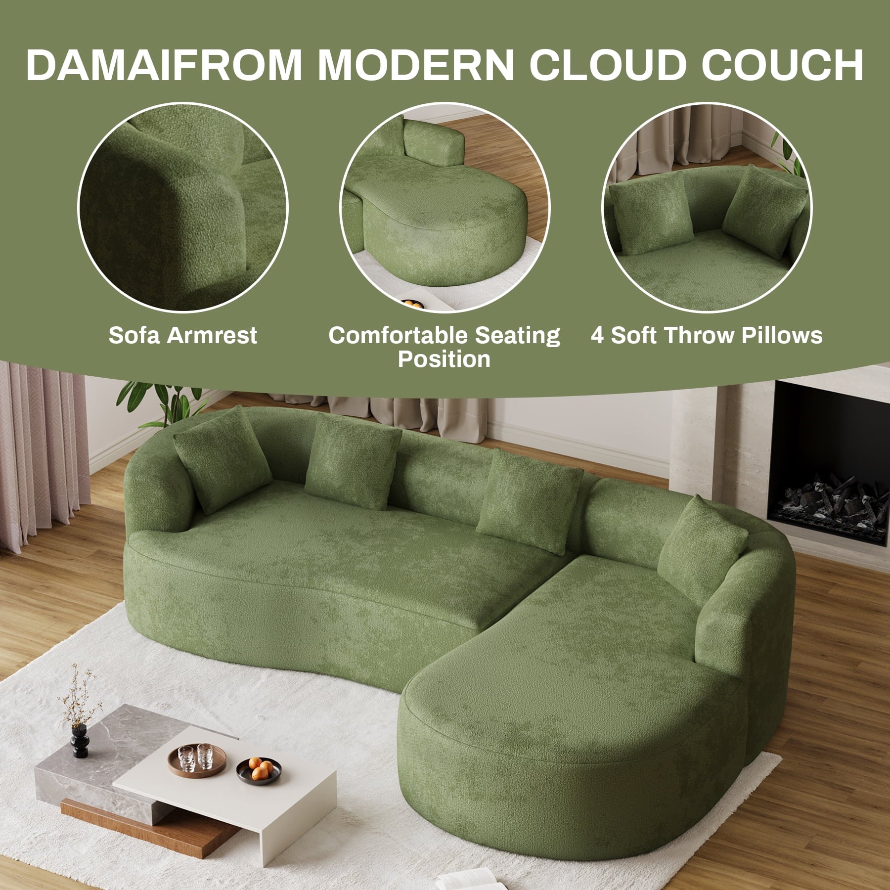 Wiilayok 110" Chenille L Shaped Sectional Sofa,Curved Sofa Couch with Right Chaise,Cloud Compression Deep Seat Sofa Couches for Living Room,No Assembly,Green