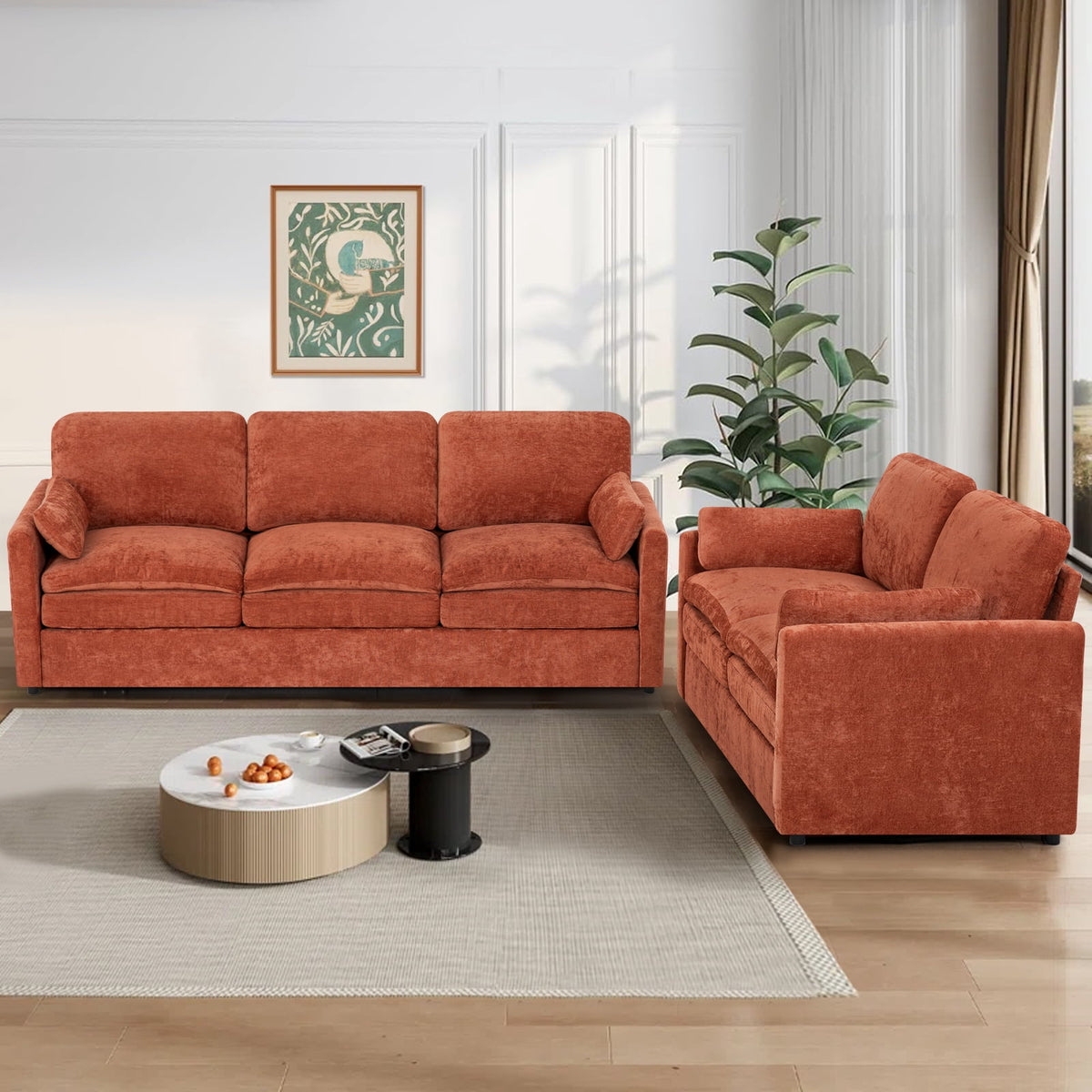 FamiTOP Chenille 69? Love Seat & 89? 3-Seat Sofa w/Thick Seat & Backrest Cushions, Modern Couch Set with Soft Pillows, Upholstered 3 Seat & 2 Seat Sofa w/Sturdy Frame for Office, Living Room, Orange