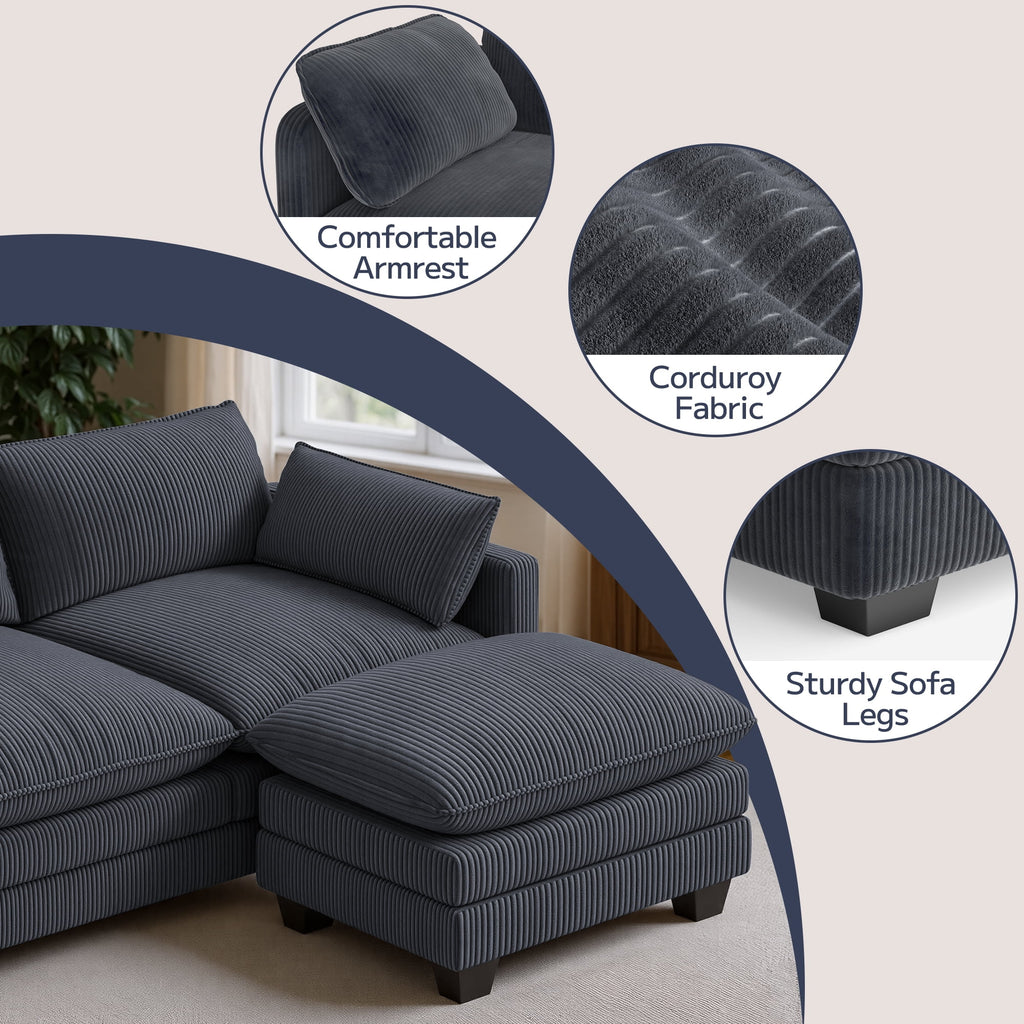  145.7" U Shaped Modular Sectional Sofa with Movable Ottomans, Corduroy Cloud Sofa Couch with 25.2" Deep Seat, Removable Washable Covers, 4-5 Seater Comfy Modular Sofa for Living Room Apartment