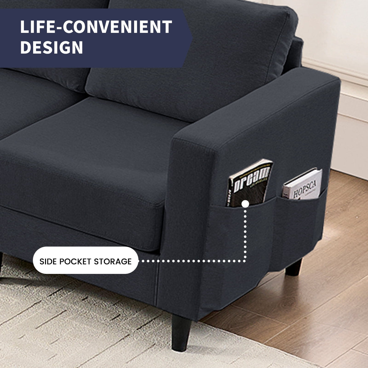 Puremind L Shaped Sofa, Oversized 5 Seat Corner Sofa with Side Pockets, Modern Linen Sectional Couches for Living Room/Apartment, Dark Gray