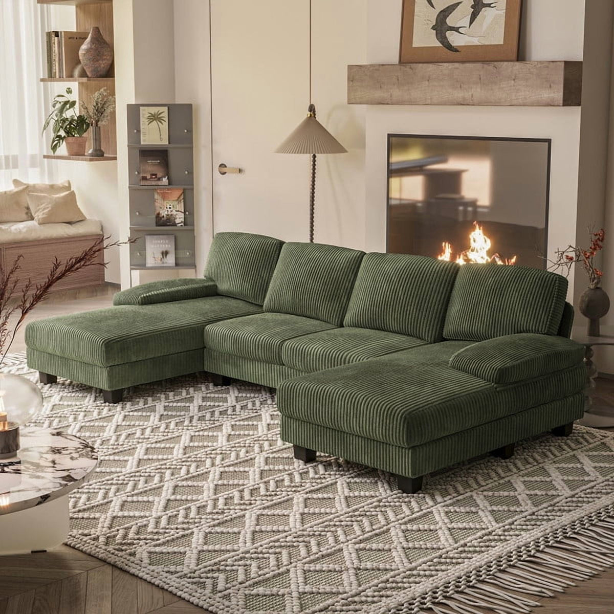  U Shaped Sectional Sofa Couch with Double Chaise for Apartments,Corduroy Green