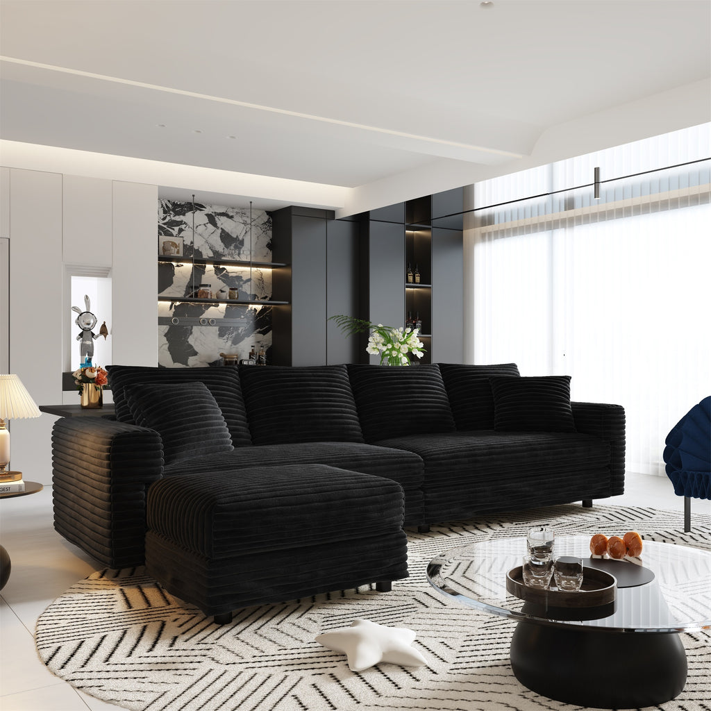 Alvantor 4-Seat Sofa with Movable Ottomans 102" W Corduroy Upholstered Deep Seat Couches L Shaped Convertible Chaise for Living Room, Apartment Black