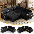 85" Modular Sectional Sleeper Sofa with Pull Out Bed, 5 Seat Chenille L Shaped Couch with USB Ports|Cup Holders|Side Table|Storage Loveseat, Tool Free Assembly,Black