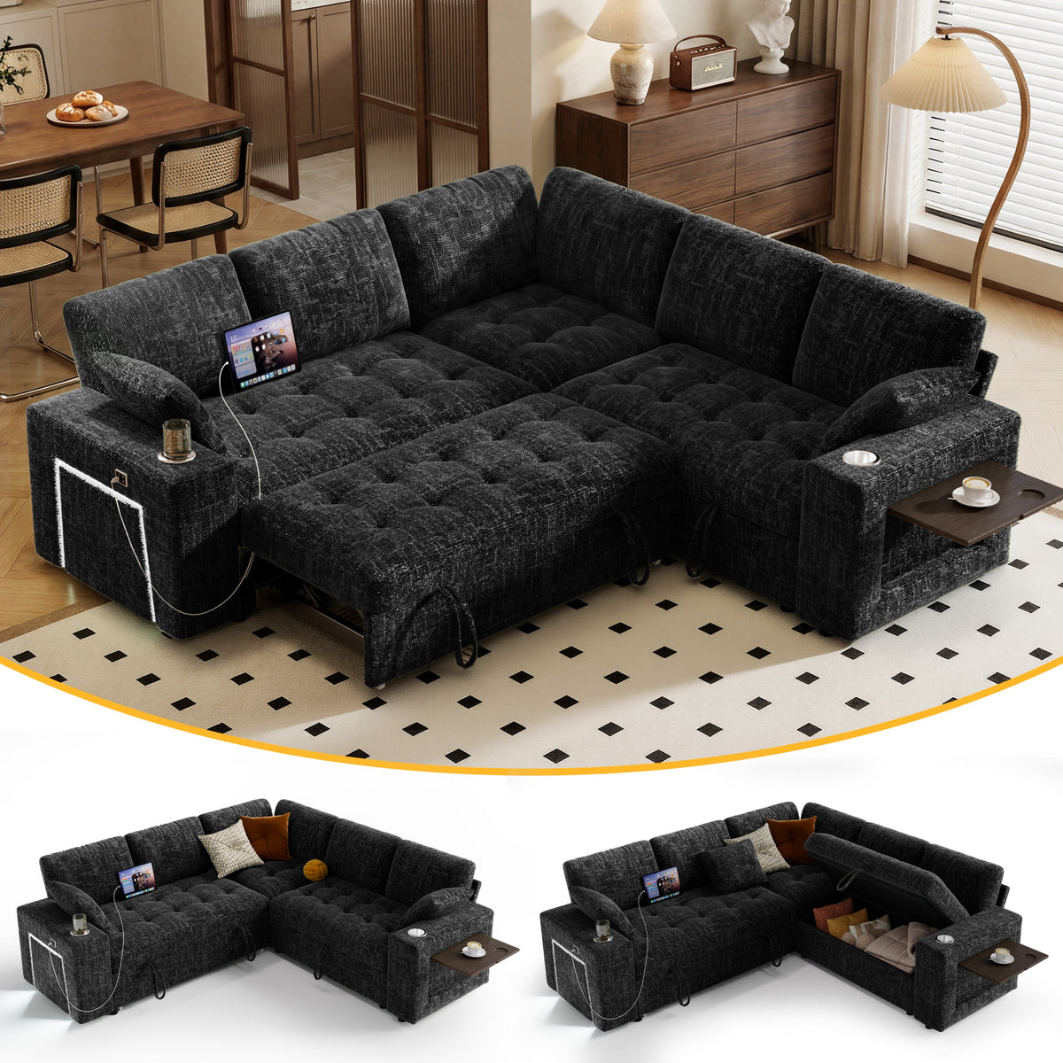 85" Modular Sectional Sleeper Sofa with Pull Out Bed, 5 Seat Chenille L Shaped Couch with USB Ports|Cup Holders|Side Table|Storage Loveseat, Tool Free Assembly,Black
