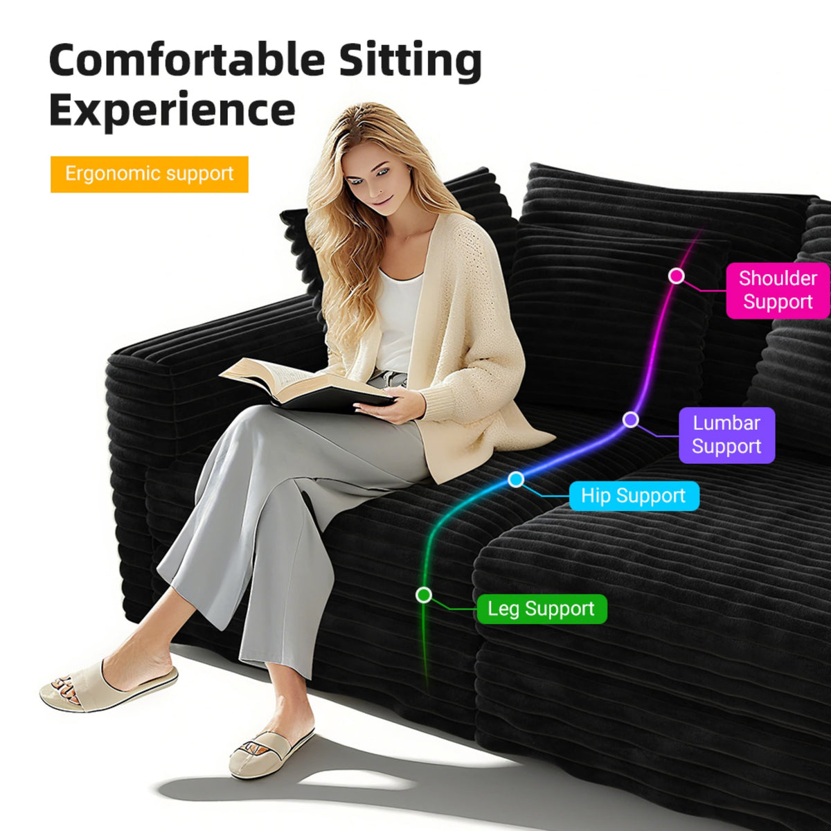 Alvantor 4-Seat Sofa with Movable Ottomans 102" W Corduroy Upholstered Deep Seat Couches L Shaped Convertible Chaise for Living Room, Apartment Black