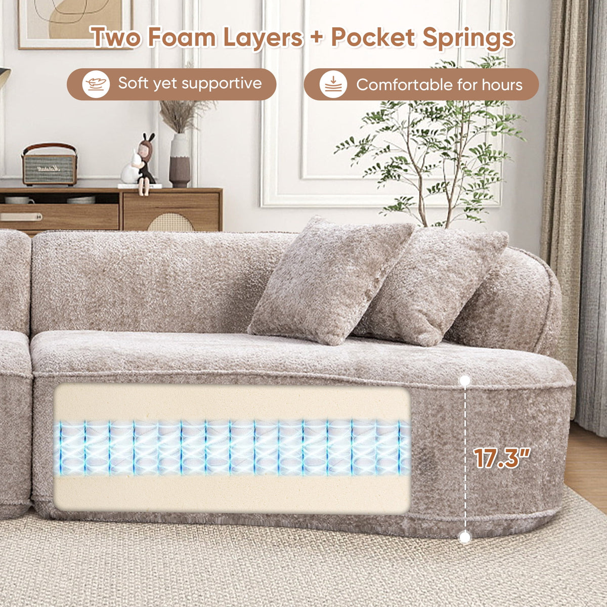 Muumblus 114" Oversized Curved Sofa, Modern Sectional Boneless Cloud Couch, No Assembly Required Floor Sofa for Living Room, Camel Boucle