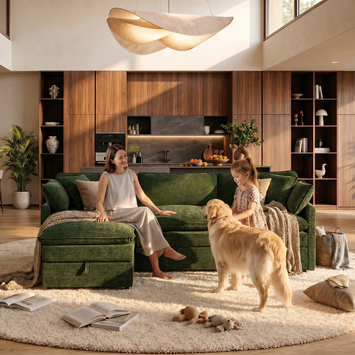 Hombryzy 103" Deep Seat Sectional Sofa with Storage, L Shaped Cloud Couch with Movable Ottomans for Living Room,Green