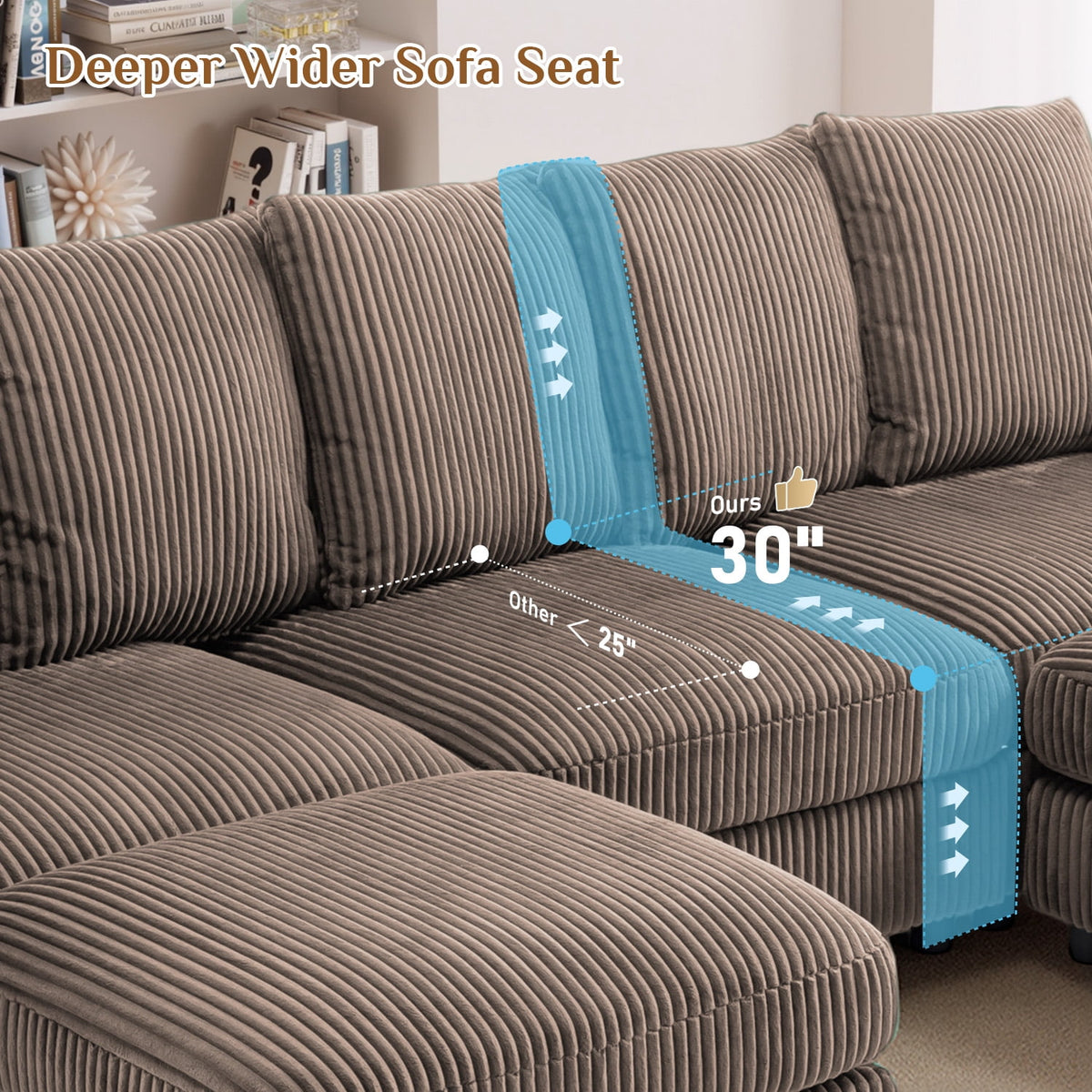 Wiilayok 110" Oversized U-Shaped Cloud Couch Sectional with Modular Design for Living Room: Comfy Corduroy, Ottoman, USB Port, Cup Holder, Armrest Storage, Side Pocket, Brown