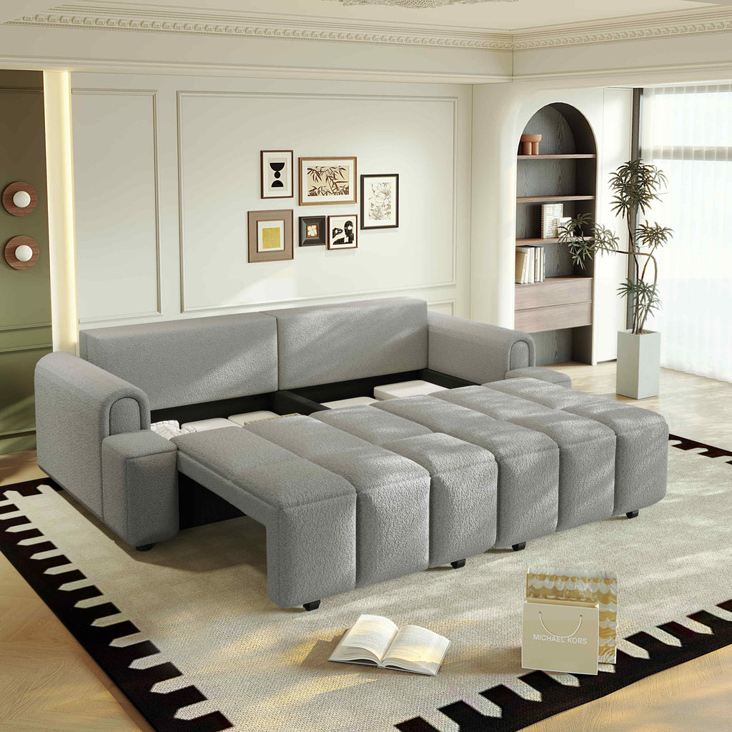 FFH 90.2" Pull Out Sofa Bed with Storage, 3-in-1 Convertible Sleeper Sofa King Size, Modern 4-Seater Teddy Couch for Living Room, Gray