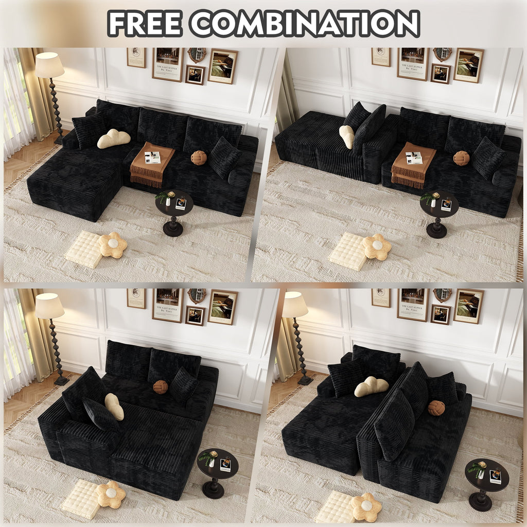 104 Modular L-Shaped Sectional Sofa with Chaise - No Assembly Required Boneless Corduroy Couch, High Resilience Foam, Deep Black