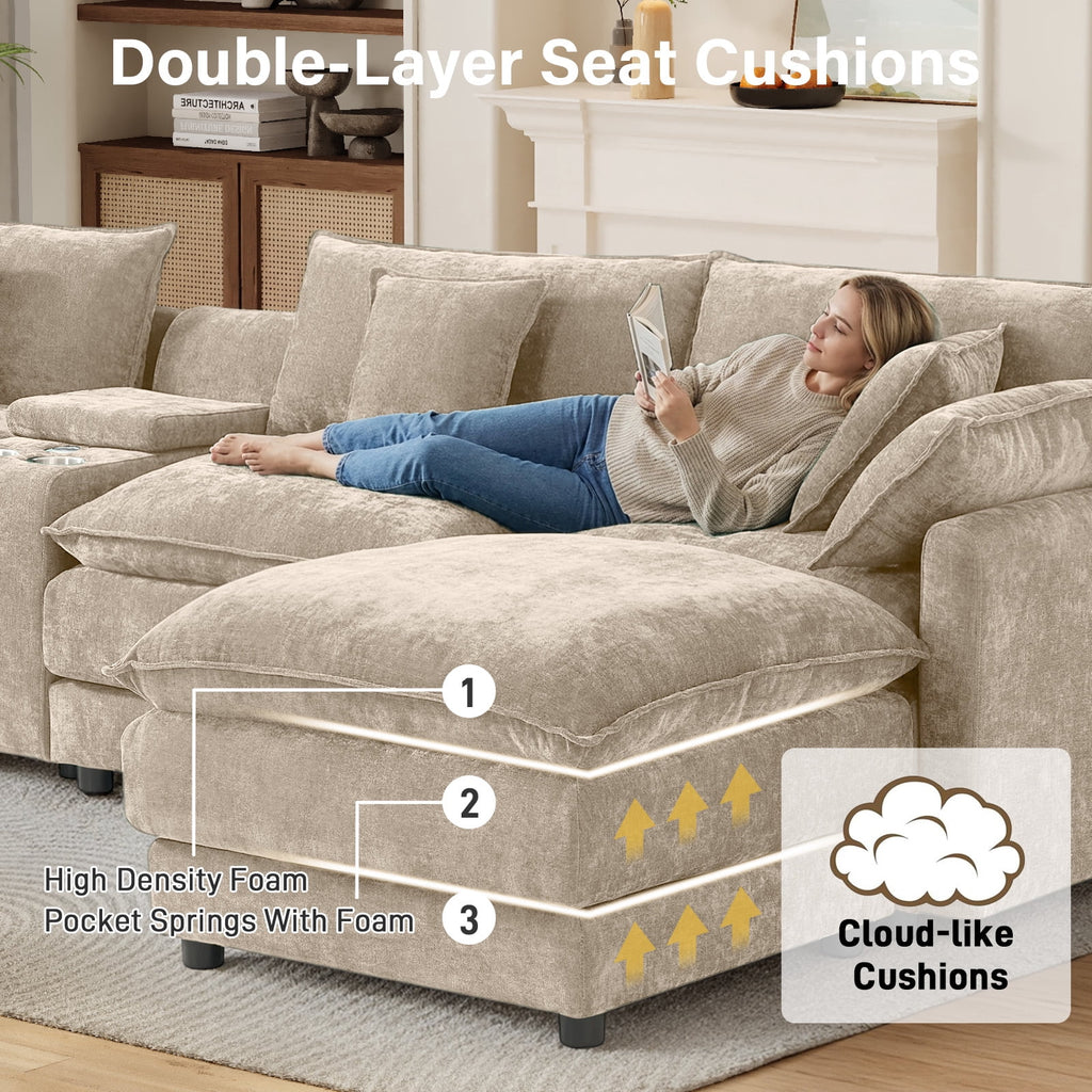 Wiilayok 145" Modular Sofa Set,Large Chenille U Shaped Sectional Sofa with Ottoman,Central Console,Cup Holder,5 Seater Deep Seat Couch for Living Room Furniture,Brown