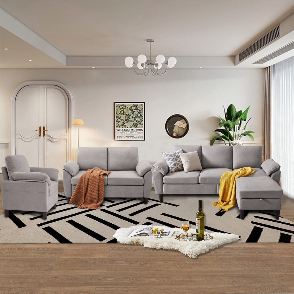  Chireca 4 Piece Convertible Sectional Sofa Set, Modern Linen Small L Shaped Couch with Reversible Chaise, 3-Seater Sofa & Loveseat & Armchair for Living Room, Office, Apartment, Lightgrey