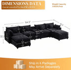 AISWORD 145" Modular U-Shaped Cloud Couch Sectional, Chenille 6-Seat Sofa with Double Chaise, Center Console, USB Charging, Hidden Storage & Cup Holders for Living Room, Black