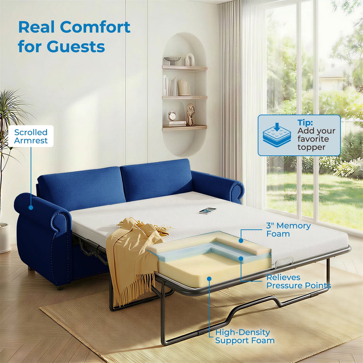 Mjkone Full Size Convertible Pull Out Sleeper Sofa Bed with Mattress for Living Room, Apartment or Office,Blue