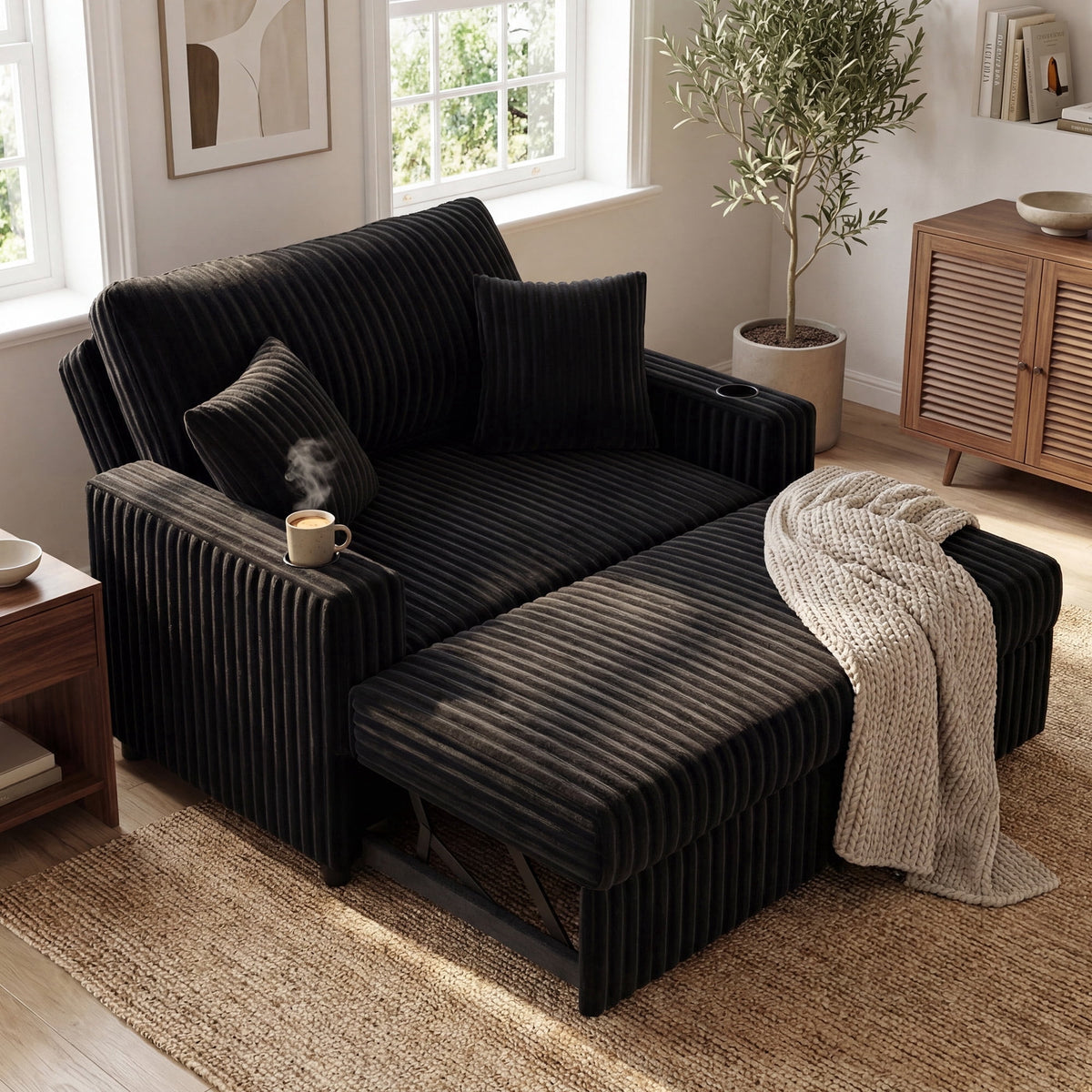Marrber Black 52? 3-in-1 Convertible Pull-Out Sofa Bed Sleeper Loveseat with Reclining Backrest, Built-in Cup Holders, Pet-Friendly Corduroy Sofa for Small Space