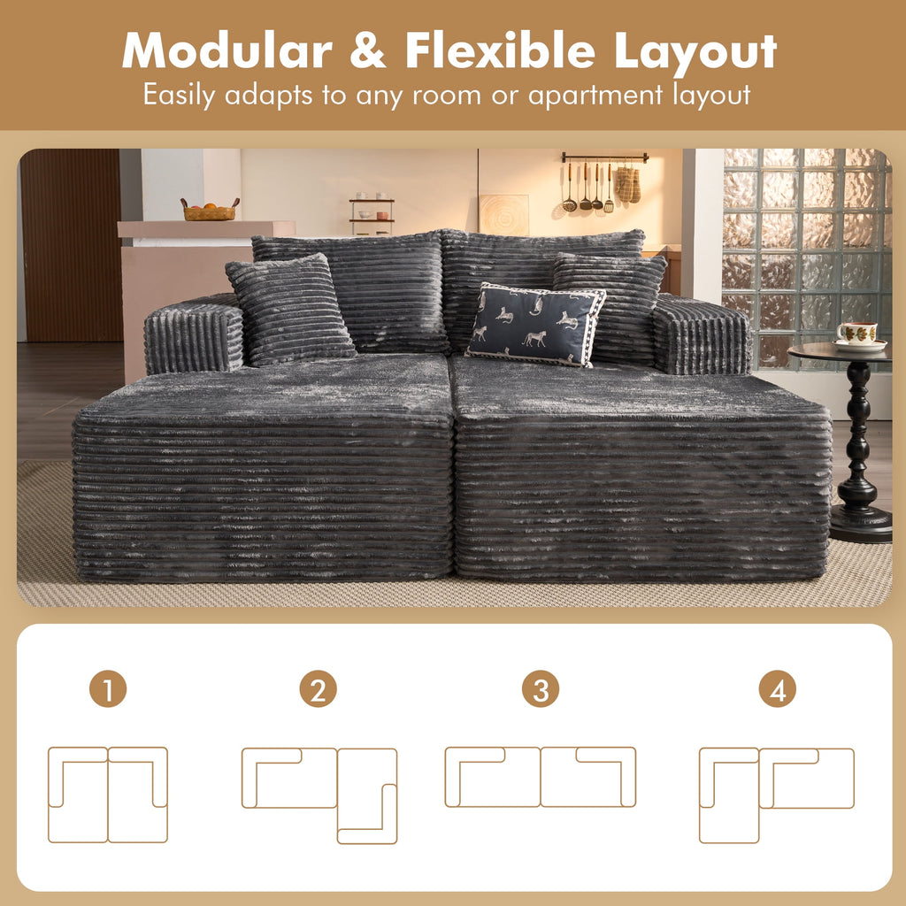 XIZZI Oversized Chaise Lounge Chair Indoor Double, Modular Sectional Sofa with Plush Corduroy, Sleeper Sofa Boneless Couch for Living Room Bedroom, No Assembly Required, Gray