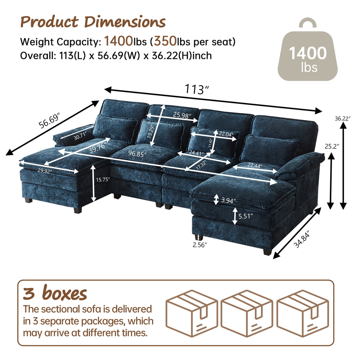  Oversized Sectional Sofa U Shaped Couch 4 Seat with 4 Waist Pillows,Chenille Upholstery Symmetrical Sleeper Sofa Cloud Couch with Double Chaise Lounge for Living Room Apartment Office