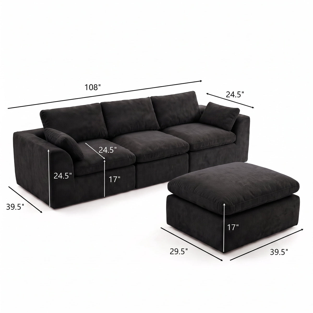 108" Modern Cloud Couch, Plush L Shaped Sectional Couch with Ottoman, Comfy Boneless Couch Modular Sofa, High-Density Memory Foam Deep Seat, No Assembly Required, Pet-Friendly, Black